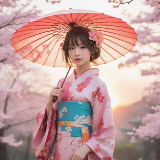 A vibrant and lively anime girl, dressed in a colorful kimono, holding a floral umbrella with a cherry blossom tree and a setting sun in the background.