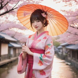 A vibrant and lively anime girl, dressed in a colorful kimono, holding a floral umbrella with a cherry blossom tree and a setting sun in the background.