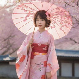 A vibrant and lively anime girl, dressed in a colorful kimono, holding a floral umbrella with a cherry blossom tree and a setting sun in the background.