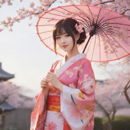 A vibrant and lively anime girl, dressed in a colorful kimono, holding a floral umbrella with a cherry blossom tree and a setting sun in the background.