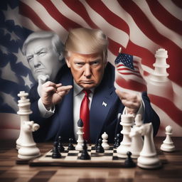 This is an advertisement-style, digitally crafted image depicting Donald Trump playing 5D chess