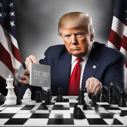 This is an advertisement-style, digitally crafted image depicting Donald Trump playing 5D chess