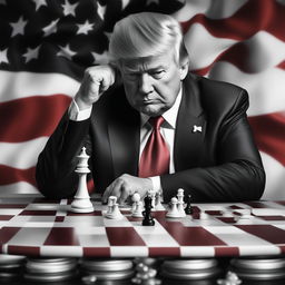This is an advertisement-style, digitally crafted image depicting Donald Trump playing 5D chess