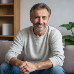 A middle-aged Bulgarian man, comfortably dressed in casual attire, expressively chatting in a cozy home environment