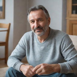 A middle-aged Bulgarian man, comfortably dressed in casual attire, expressively chatting in a cozy home environment