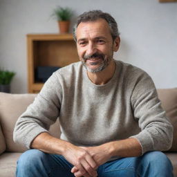 A middle-aged Bulgarian man, comfortably dressed in casual attire, expressively chatting in a cozy home environment