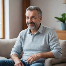 A middle-aged Bulgarian man, comfortably dressed in casual attire, expressively chatting in a cozy home environment