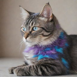 A cat with an intertwining blue and purple pattern on its fur