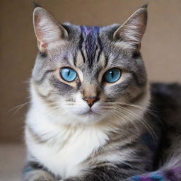 A cat with an intertwining blue and purple pattern on its fur