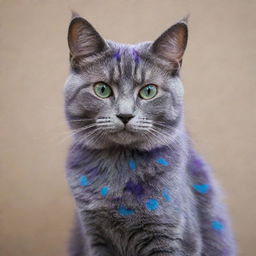 A cat with an intertwining blue and purple pattern on its fur