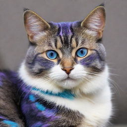 A cat with an intertwining blue and purple pattern on its fur