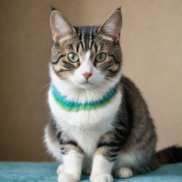 A cat with stripes alternately colored in blue and green