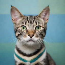 A cat with stripes alternately colored in blue and green