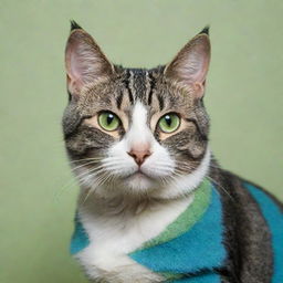 A cat with stripes alternately colored in blue and green