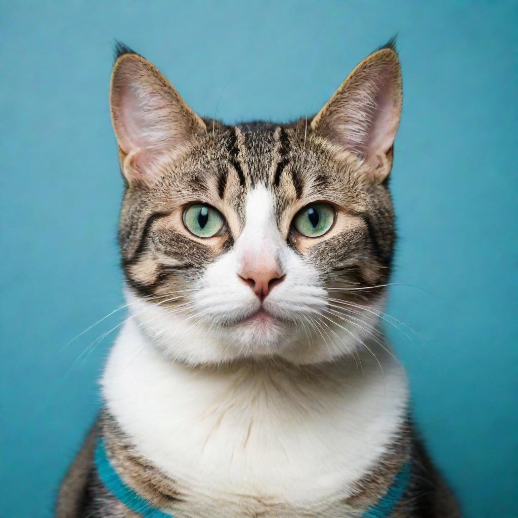 A cat with stripes alternately colored in blue and green