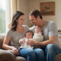 A heartwarming depiction of parenthood, featuring two loving parents caring for their infant in a cozy, homely setting.