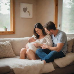 A heartwarming depiction of parenthood, featuring two loving parents caring for their infant in a cozy, homely setting.