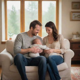 A heartwarming depiction of parenthood, featuring two loving parents caring for their infant in a cozy, homely setting.