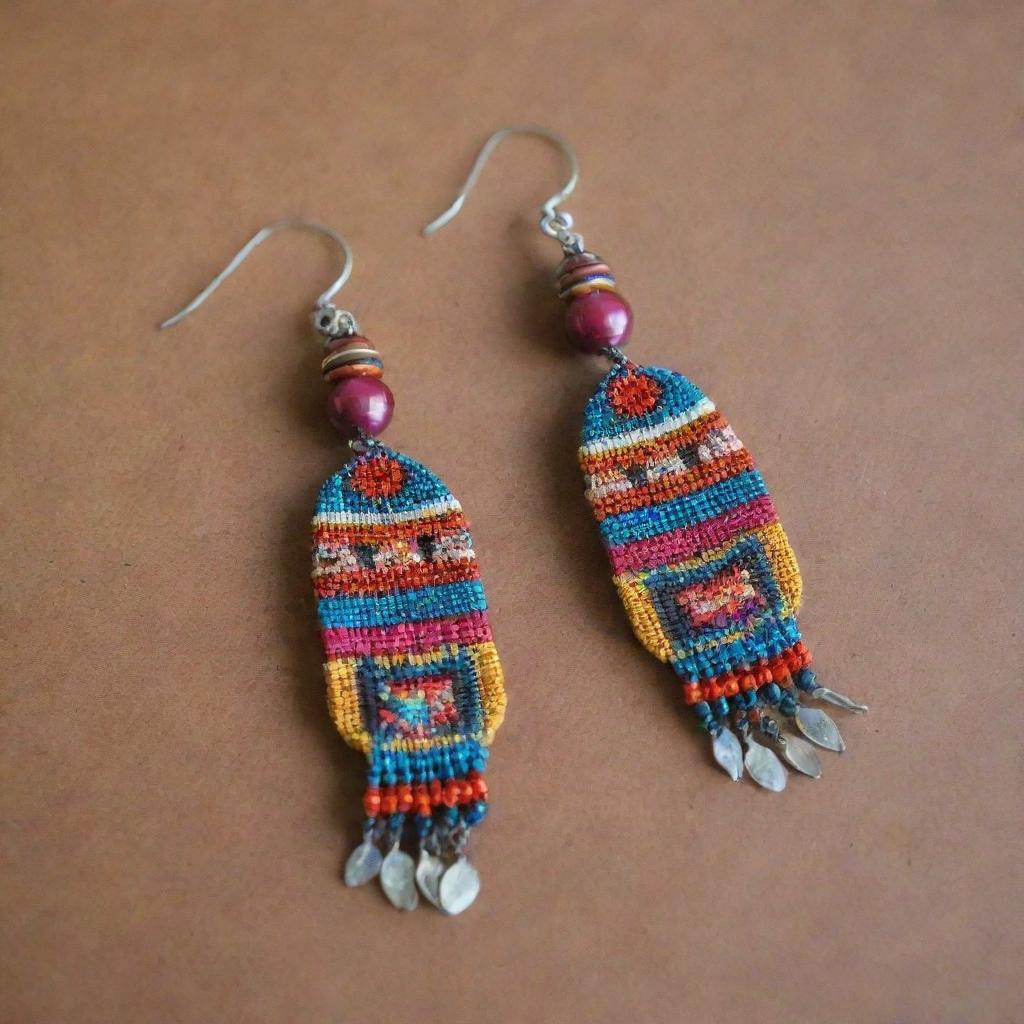 Earrings featuring Peruvian Andean themes, incorporating typical elements such as llamas, Incan icons, and vibrant colors inspired by traditional textiles.