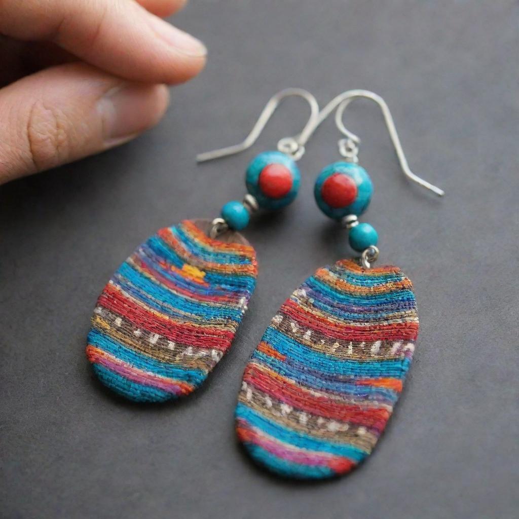 Earrings featuring Peruvian Andean themes, incorporating typical elements such as llamas, Incan icons, and vibrant colors inspired by traditional textiles.