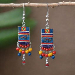 Earrings featuring Peruvian Andean themes, incorporating typical elements such as llamas, Incan icons, and vibrant colors inspired by traditional textiles.