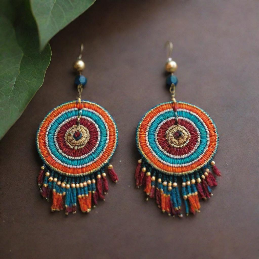 Handmade large earrings inspired by the art of Huancayo Peru, featuring intricate patterns, vibrant colors, and traditional symbols.