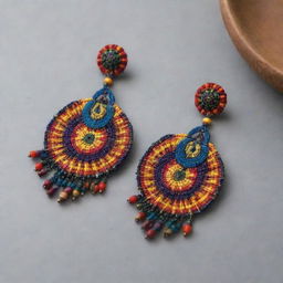 Handmade large earrings inspired by the art of Huancayo Peru, featuring intricate patterns, vibrant colors, and traditional symbols.