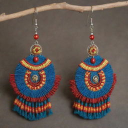 Handmade large earrings inspired by the art of Huancayo Peru, featuring intricate patterns, vibrant colors, and traditional symbols.