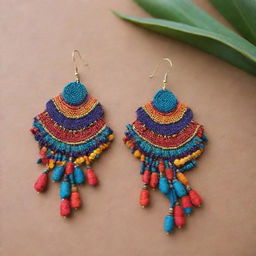 Handmade large earrings inspired by the art of Huancayo Peru, featuring intricate patterns, vibrant colors, and traditional symbols.