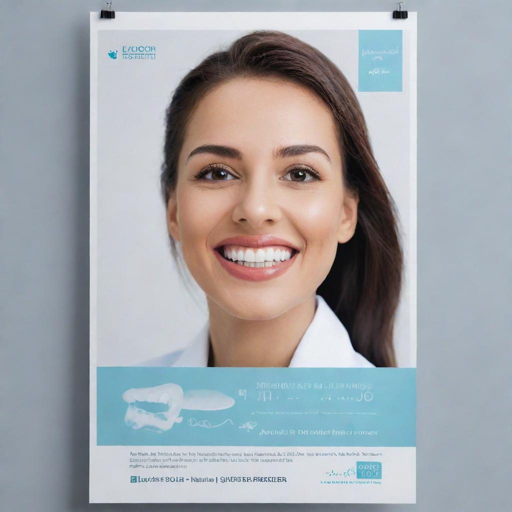 A professional dentist poster promoting 'Nour aldeen', with clean, modern aesthetics illustrating positive dental health imagery like sparkling teeth, dental tools and a welcoming dental clinic.