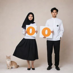 A young couple in white shirts with the letter 'F'. The boy has black hair and shorts, the girl wears a hijab and a long black skirt. They strike model-like poses. An orange, black, and white cat with a necklace labeled 'Micho' is nearby