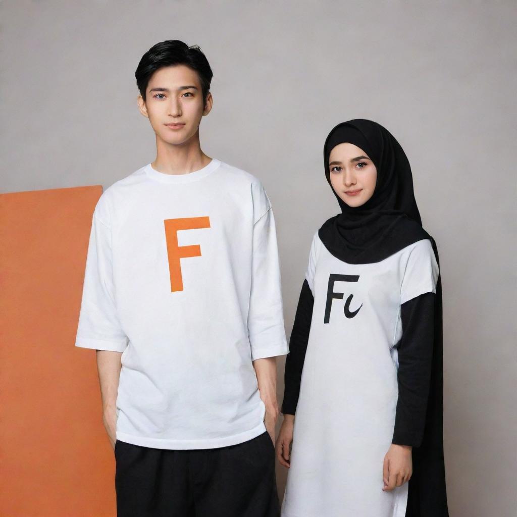 A young couple in white shirts with the letter 'F'. The boy has black hair and shorts, the girl wears a hijab and a long black skirt. They strike model-like poses. An orange, black, and white cat with a necklace labeled 'Micho' is nearby