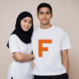 A young couple in white shirts with the letter 'F'. The boy has black hair and shorts, the girl wears a hijab and a long black skirt. They strike model-like poses. An orange, black, and white cat with a necklace labeled 'Micho' is nearby