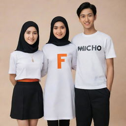 A young couple in white shirts with the letter 'F'. The boy has black hair and shorts, the girl wears a hijab and a long black skirt. They strike model-like poses. An orange, black, and white cat with a necklace labeled 'Micho' is nearby