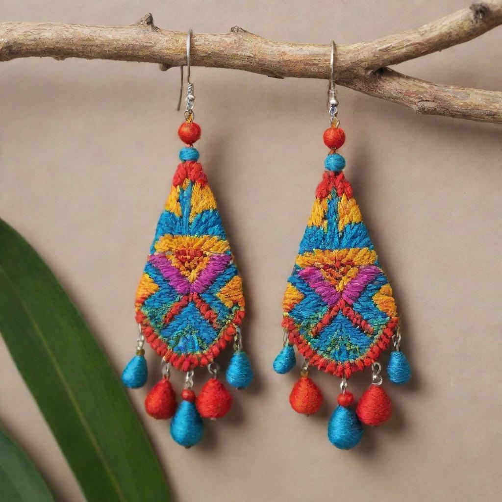 Earrings embroidered with designs inspired by the Huaylas dance of Peru, featuring vibrant colors and intricate traditional patterns.