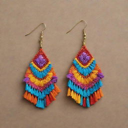 Earrings embroidered with designs inspired by the Huaylas dance of Peru, featuring vibrant colors and intricate traditional patterns.