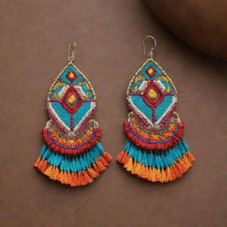 Earrings embroidered with designs inspired by the Huaylas dance of Peru, featuring vibrant colors and intricate traditional patterns.