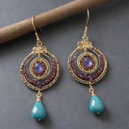 A luxurious wire-wrapped earring incorporating elements of the Huaylas theme from Peru, with intricate designs, shimmering gemstones and gleaming metals.