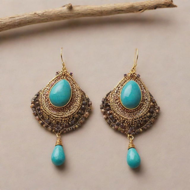 A luxurious wire-wrapped earring incorporating elements of the Huaylas theme from Peru, with intricate designs, shimmering gemstones and gleaming metals.