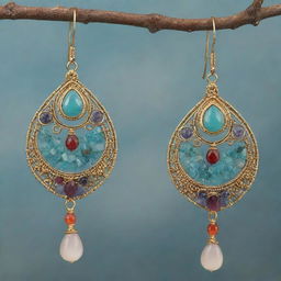 A luxurious wire-wrapped earring incorporating elements of the Huaylas theme from Peru, with intricate designs, shimmering gemstones and gleaming metals.