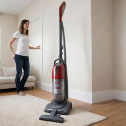 A giant, highly detailed vacuum cleaner in a domestic setting.