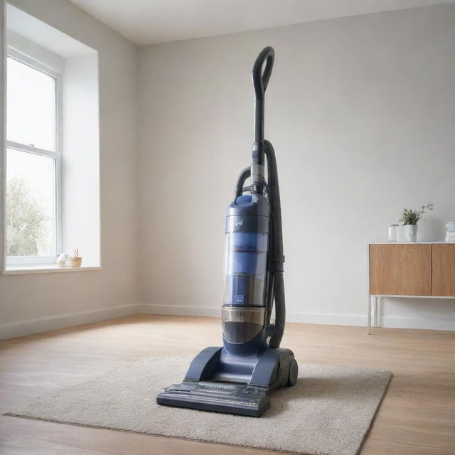 A giant, highly detailed vacuum cleaner in a domestic setting.