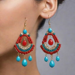 Make the luxurious Peruvian-themed earring more vibrant by adding a variety of colors inspired by Peruvian culture. Incorporate sparkling crystals and precious gemstones prevalent in Peru to increase its value and appeal.