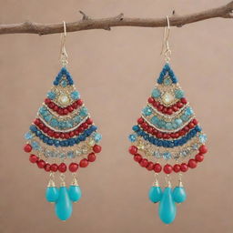 Make the luxurious Peruvian-themed earring more vibrant by adding a variety of colors inspired by Peruvian culture. Incorporate sparkling crystals and precious gemstones prevalent in Peru to increase its value and appeal.