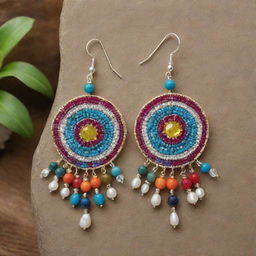 Make the luxurious Peruvian-themed earring more vibrant by adding a variety of colors inspired by Peruvian culture. Incorporate sparkling crystals and precious gemstones prevalent in Peru to increase its value and appeal.