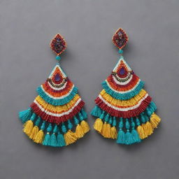 Incorporate the color scheme and patterns of a traditional Huaylarsh skirt into the luxurious, Peruvian-themed earring design, along with sparkling crystals and precious gemstones.