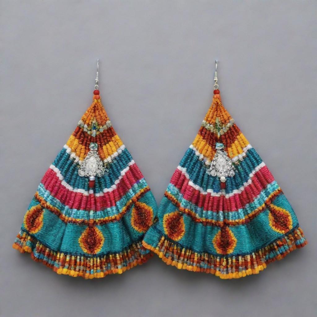 Incorporate the color scheme and patterns of a traditional Huaylarsh skirt into the luxurious, Peruvian-themed earring design, along with sparkling crystals and precious gemstones.