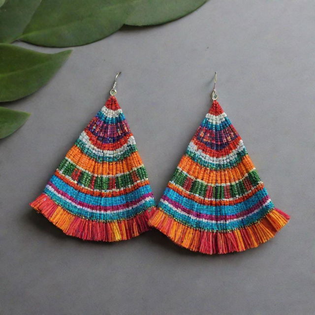 Incorporate the color scheme and patterns of a traditional Huaylarsh skirt into the luxurious, Peruvian-themed earring design, along with sparkling crystals and precious gemstones.