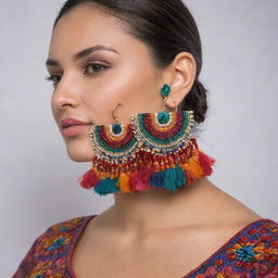 Create a pair of luxurious earrings bursting with the bold colors of a traditional Huaylarsh skirt, and heavily adorned with sparkling, beautiful gemstones.