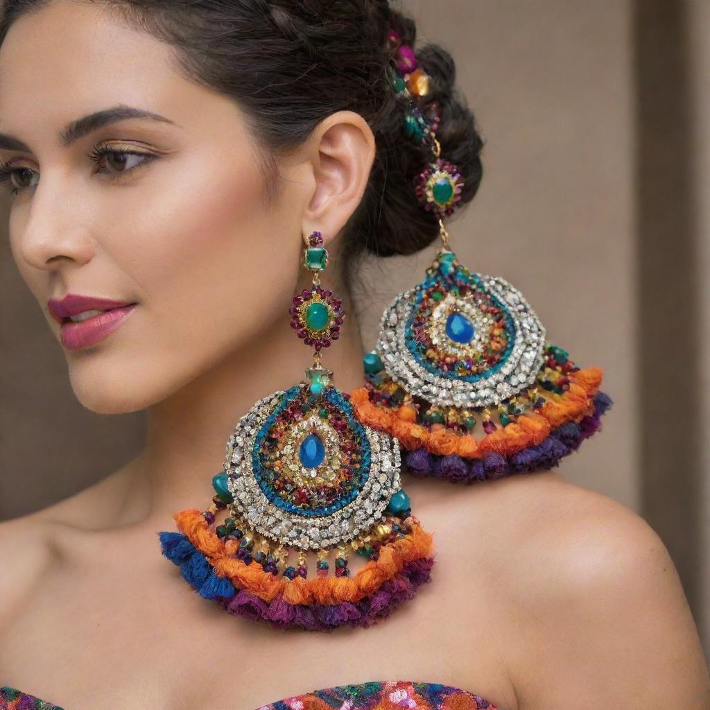 Create a pair of luxurious earrings bursting with the bold colors of a traditional Huaylarsh skirt, and heavily adorned with sparkling, beautiful gemstones.